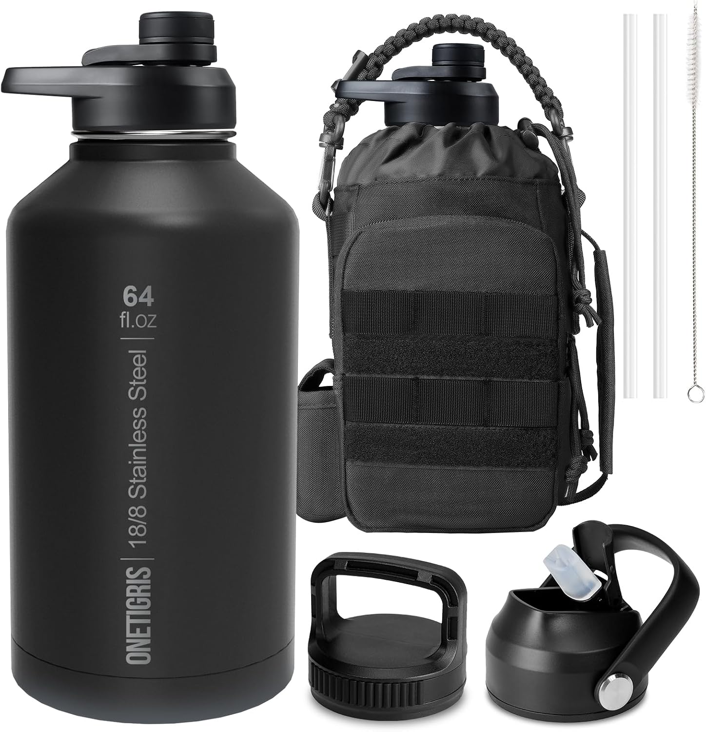 ONETIGRIS 64oz Tactical Insulated Water Bottle with 3 Lids &amp; MOLLE Pouch | Double-Walled Vacuum Cold for 48 Hrs, 304 Stainless Steel, BPA-Free Leakproof Silicone Seal, Wide-Mouth, Par