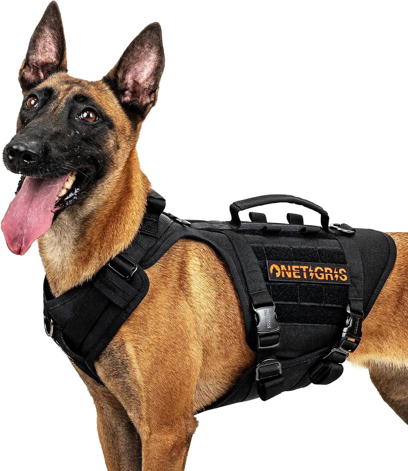 OneTigris Metal Buckles Durable Tactical Dog Harness for Large Dogs, No Pull Dog Vest Harness, Heavy Duty Dogs Harnesses with Handle, Large Hook and Loop Panels for Patch &amp; Molle (Black, Large)